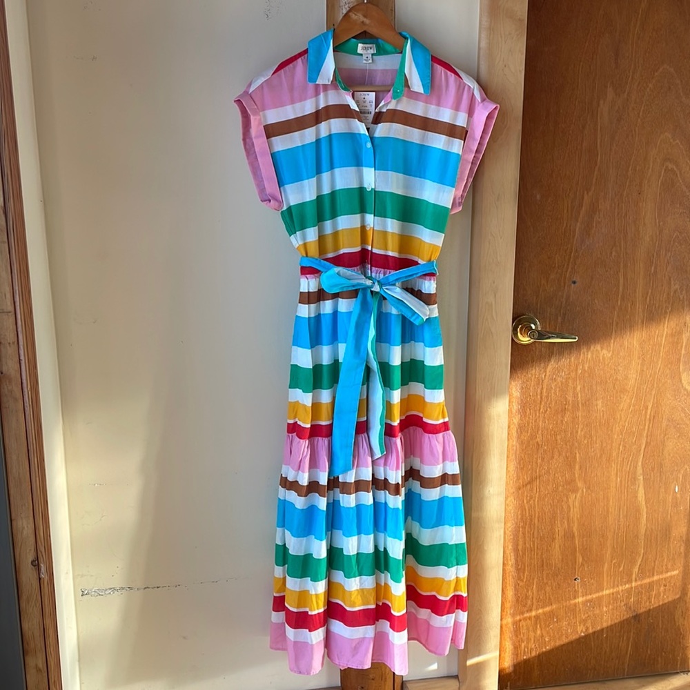 JCrew Maxi Collared Shirt Dress Womens 4 Rainbow Stripe Midi Cotton